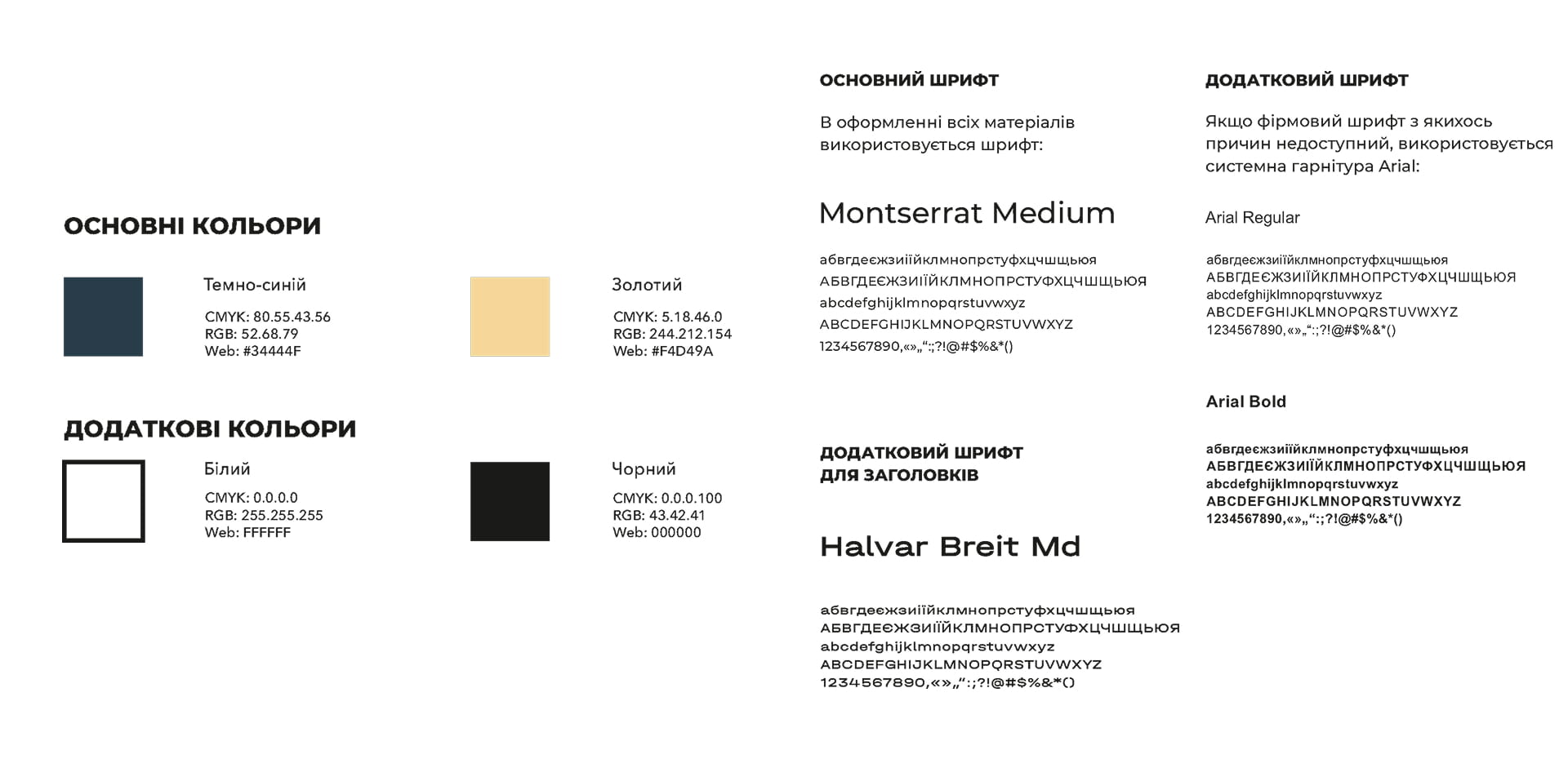 Typography style guide: color swatches (dark blue, gold, white, black) and font samples (Montserrat Medium, Halvar Breit Md).Includes color codes and sample text in Ukrainian.