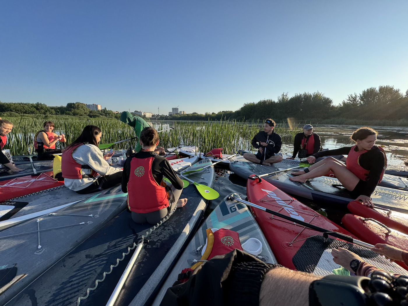 Group of people on stand-up paddleboards wearing red life jackets in a shallow lake with reeds and trees in the background during sunset.