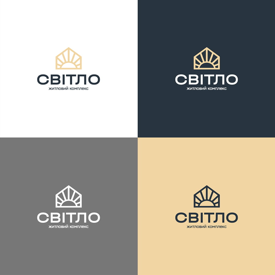 Logo for a residential complex 'СВІТЛО' with a sun-arch emblem above the text, shown in four color variants.