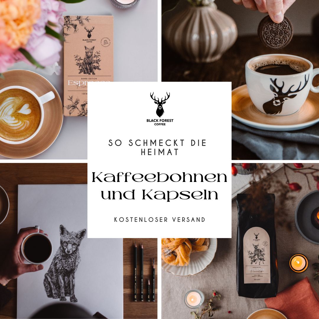 Collage of Black Forest Coffee branding with cups, packaging, beans, a fox drawing, and the text 'Kaffee Bohnen und Kapseln'.
