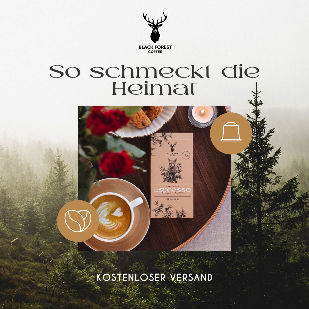 Promotional banner for Black Forest Coffee featuring a latte, chocolate bar on a table, and a forest backdrop with the slogan 'So schmeckt die Heimat'.