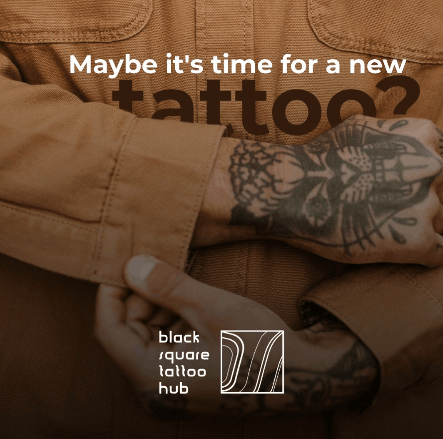 Close-up of a tattooed forearm crossing over a brown sleeve with the text 'Maybe it's time for a new tattoo?' and logos at the bottom.
