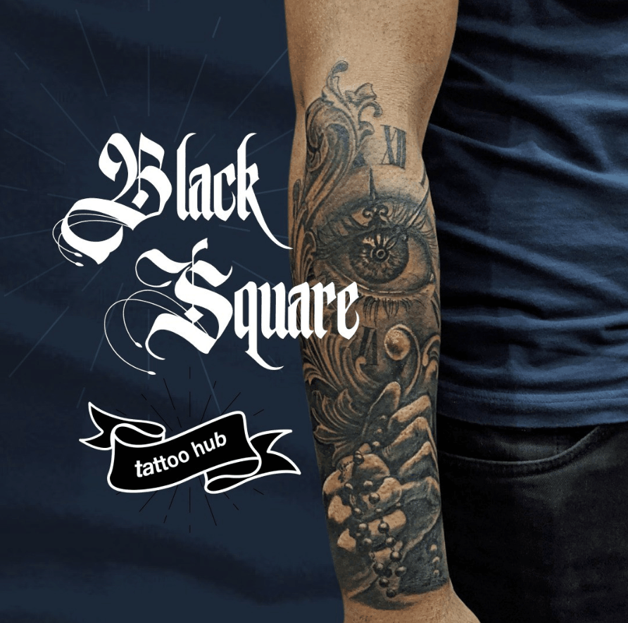Forearm tattoo with intricate scrollwork beside the logo 'Black Square Tattoo Hub' on a dark blue background.