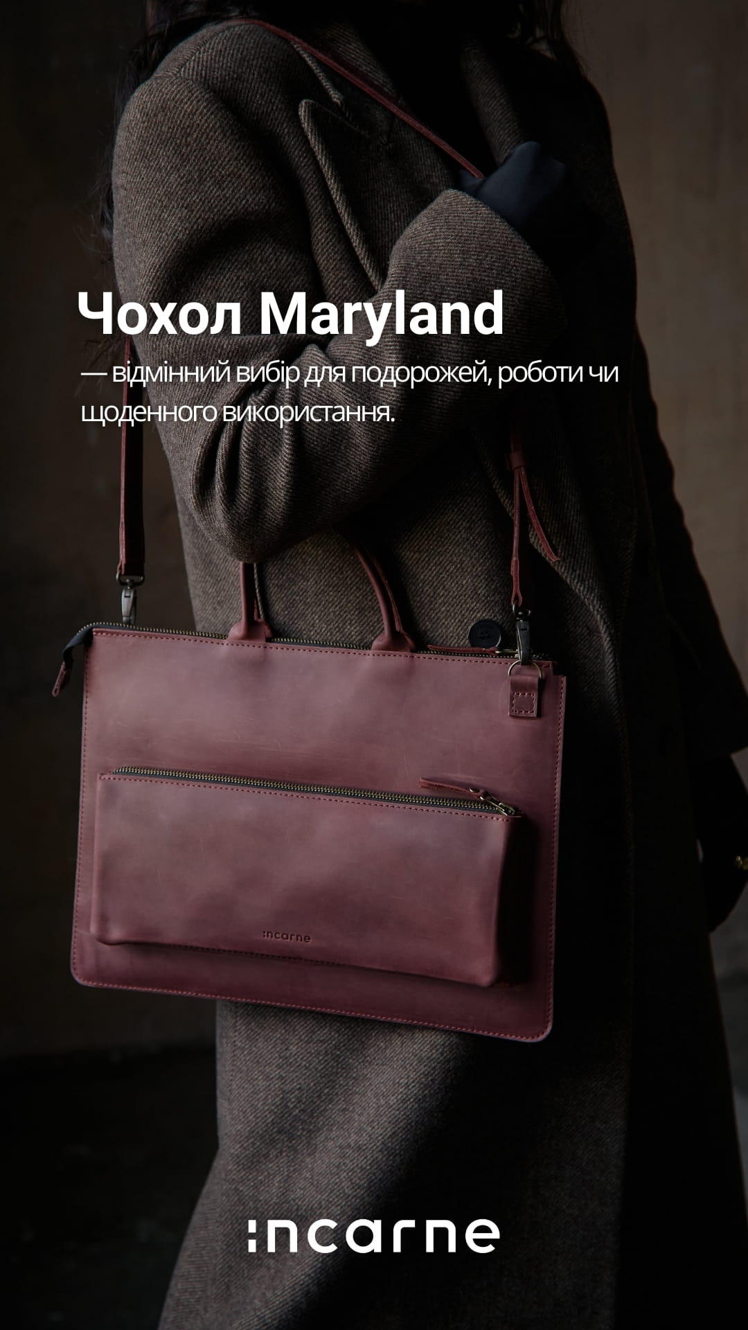 Promotional image of a mauve pink leather handbag with a large front zipper pocket, worn crossbody over a dark coat; brand Incarne visible.