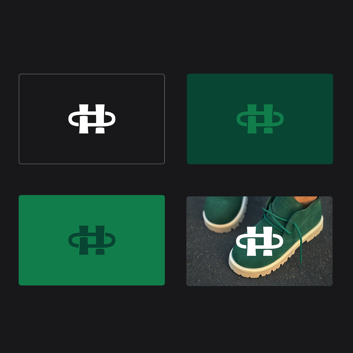 Grid of brand cards on a dark background: left card shows a white HB logo on black, right card shows a dark HB logo on green, bottom-left green card with HB logo, bottom-right photo of green sneakers with a white HB logo.