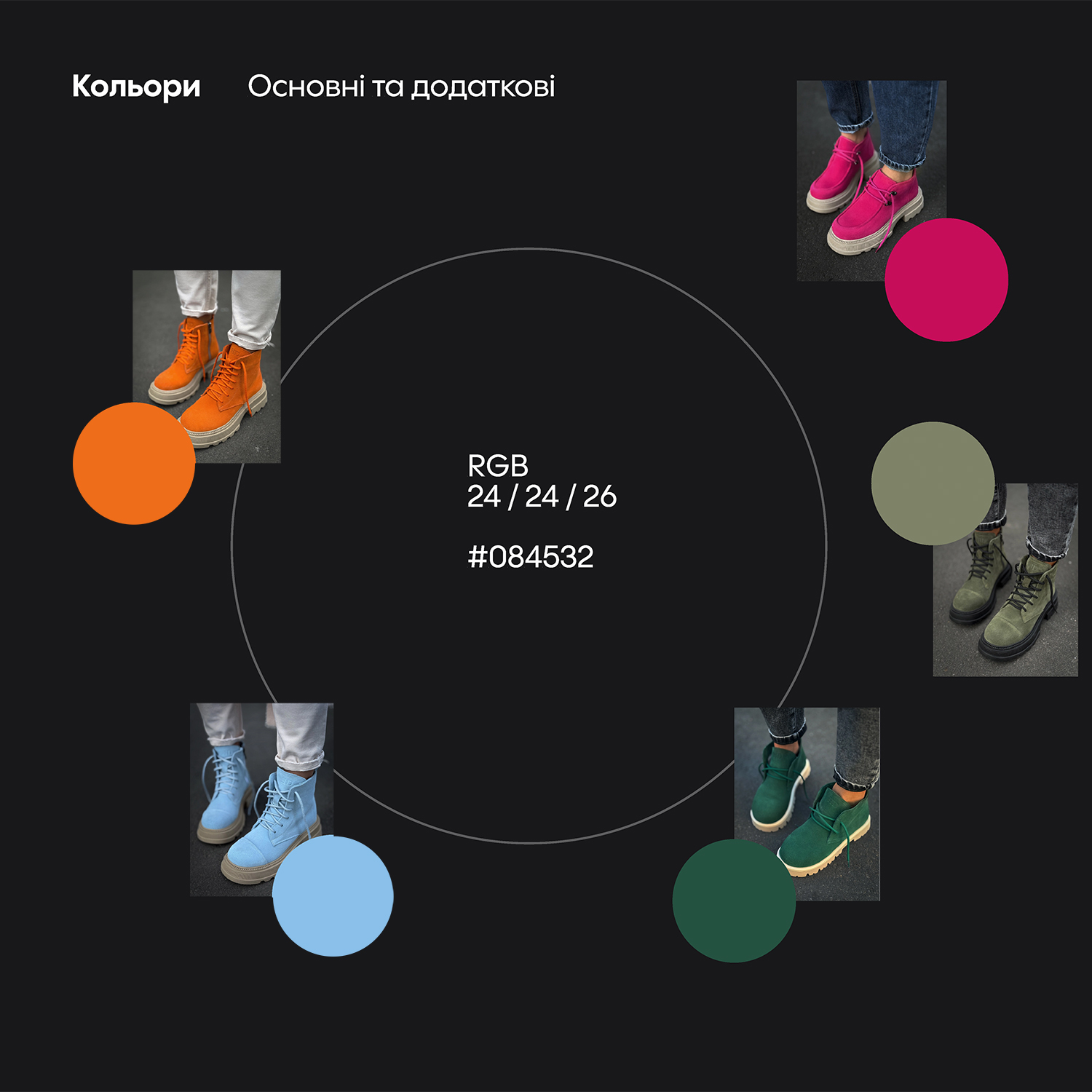 Informational graphic about colors: central circle with RGB 24/24/26 and hex #084532, surrounded by boot photos and color swatches.