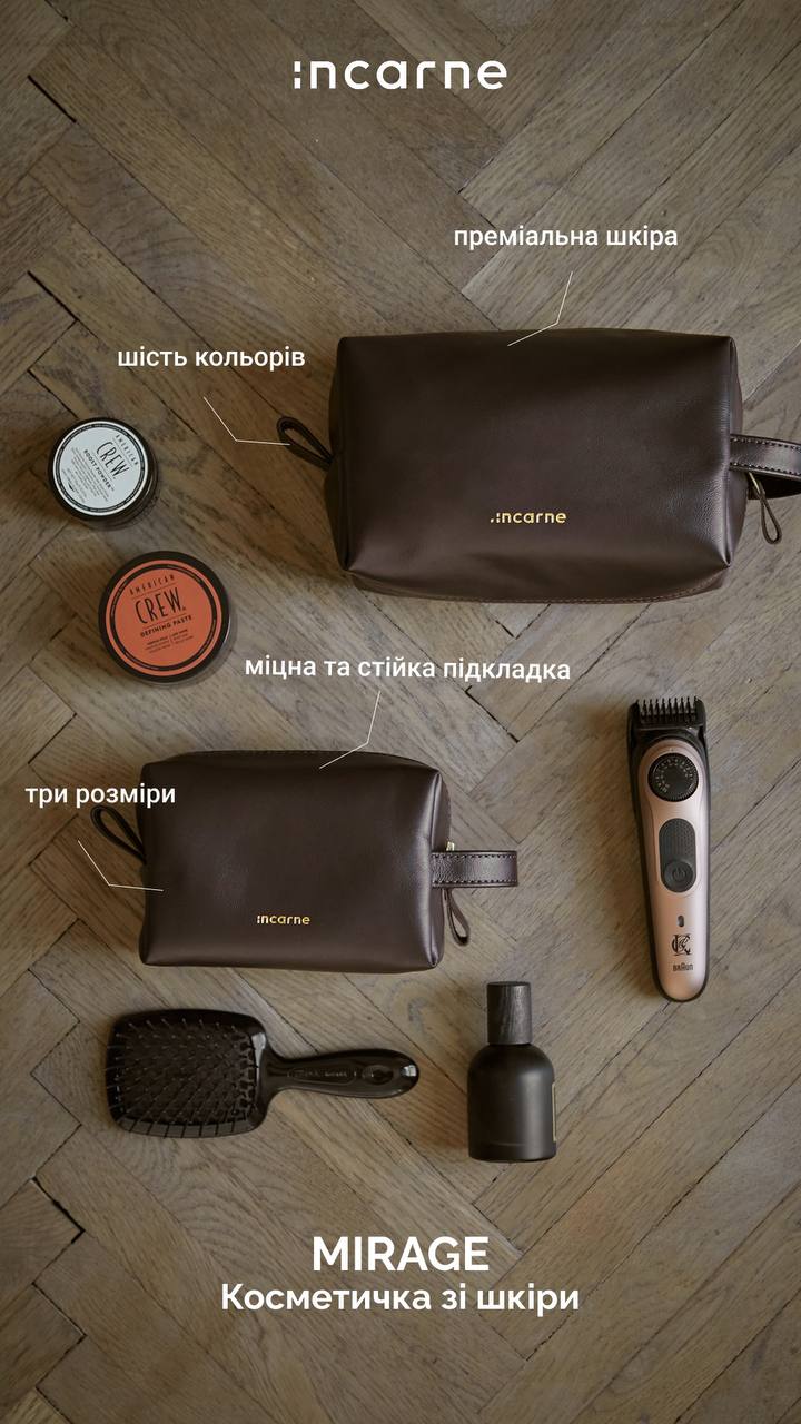Комплект косметичок з преміум-шкіри Incarne на дерев'яній підлозі; три розміри, шість кольорів і міцна підкладка показані.