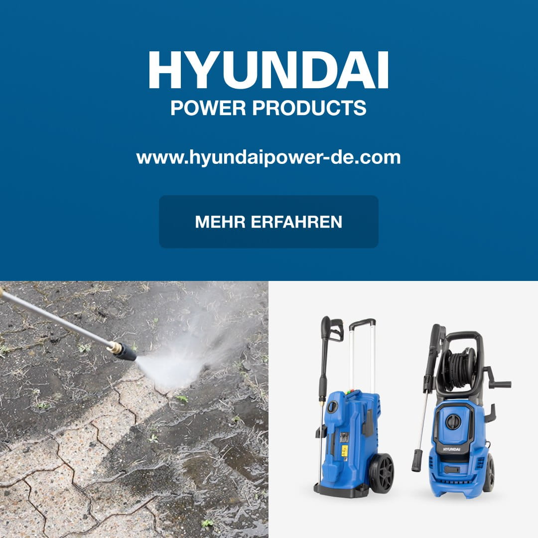 Advertisement banner for Hyundai Power Products with a blue hero area, 'Mehr erfahren' button and website; bottom left shows a pressure washer spraying water on cracked ground; bottom right shows two blue pressure washers.