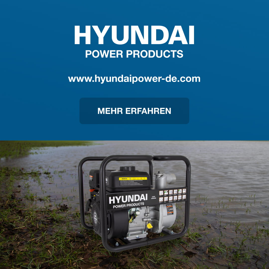Hyundai Power Products promotional banner with a portable generator on a muddy lakeshore and a 'Mehr Erfahren' button.