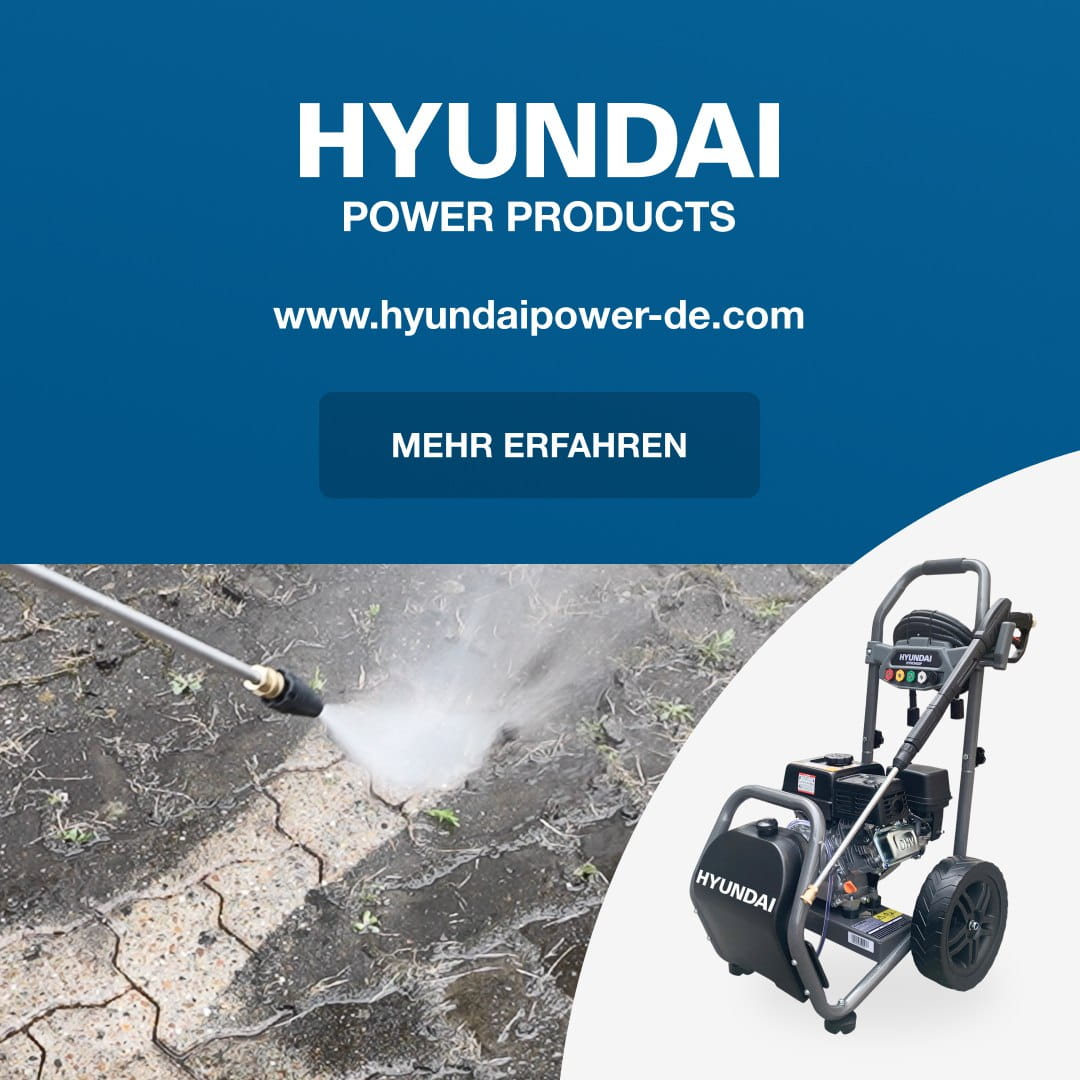 Hyundai Power Products ad featuring a pressure washer and a high-pressure spray cleaning cracked ground; button says 'Mehr erfahren'.